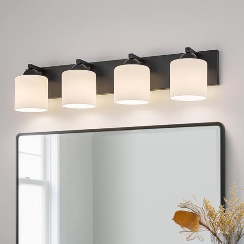 mirrea 4-Light Black Bathroom Vanity Light with White Glass Shades | makeup vanity illumination grooming station light over-sink wall lamp renovate remodel refresh decorate - color: Black, size: 4-light