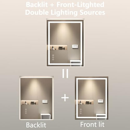 30"x36" LED Anti-Fog Memory Function Shower Mirror - Lighted Vanity Mirror with 3 Color Temperatures, Dimmable, Backlit + Front Lit, 3-Year Warranty
