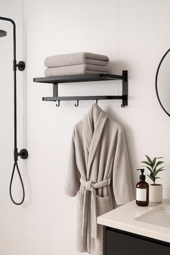 Foldable Towel Rack with Hooks – Wall Mounted Stainless Steel Bathroom Shelf for Towels, Bathrobes & Accessories | Double dacker, Rust-Resistant, Space-Saving Design for Modern Bathrooms (Matte Black) - color: Matte Black