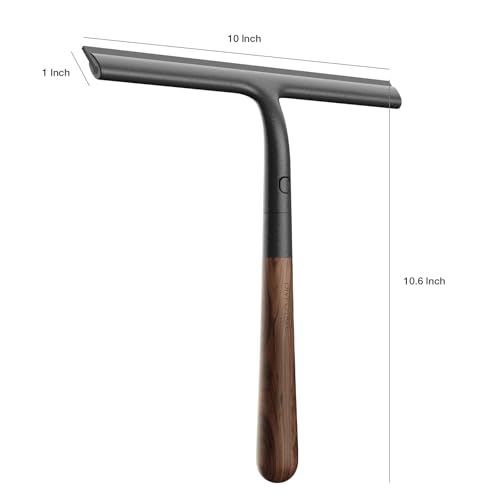 Shower Squeegee for Glass Doors, Streak-Free Silicone Window Cleaner with Detachable Wood Handle & Hook, Rust-Proof Bathroom Squeegee for Mirror, Tile Wall, Car Windshield, 10 Inch Black