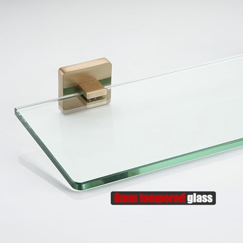 JQK Bathroom Glass Shelf, Floating Tempered Glass Shower Storage 16 by 5 inches, 304 Stainless Steel Champagne Bronze Wall Mount, TGS201L16-CB - color: Champagne Bronze, size: 16 Inch