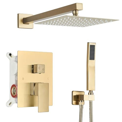 Shower Faucet Rain Shower System with 8 Inches Rainfall Shower Head and Handheld Spray Combo Bathroom Shower Faucet Set Complete Brushed Gold Shower Valve and Trim Kit Wall Mounted - color: Brushed Gold, size: Brushed Gold-8''