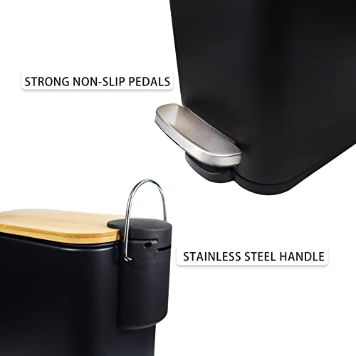 SIDIANBAN Bathroom Trash Can with Bamboo Lid Soft Close and Foot Pedal, Small Rectangular Slim Garbage Can with Inner Wastebasket for Bedroom, Office, Kitchen, 1.3Gal/5L, Black | Small Rectangular Slim Garbage Can with Inner Wastebasket for Bedroom, Offic