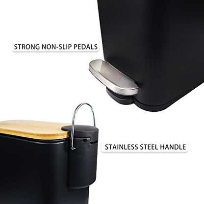 SIDIANBAN Bathroom Trash Can with Bamboo Lid Soft Close and Foot Pedal, Small Rectangular Slim Garbage Can with Inner Wastebasket for Bedroom, Office, Kitchen, 1.3Gal/5L, Black | Small Rectangular Slim Garbage Can with Inner Wastebasket for Bedroom, Offic