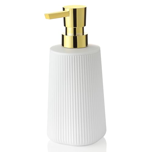 YAUKPH Small Soap Dispenser for Bathroom and Kitchen Matte White and Gold | Modern Farmhouse Striped Style Plastic Hand Soap Dish Soap Dispenser with Pump - color: White and Gold