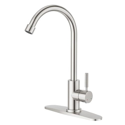 CREA Brushed Faucet for Kitchen Bar Outdoor Sink 1 Hole 3Holes(with Deck Plate)，High Arc 360°Swivle Single Handle Tap Brushed 304 Stainless Steel - color: Brushed, style: Mixed water pipe