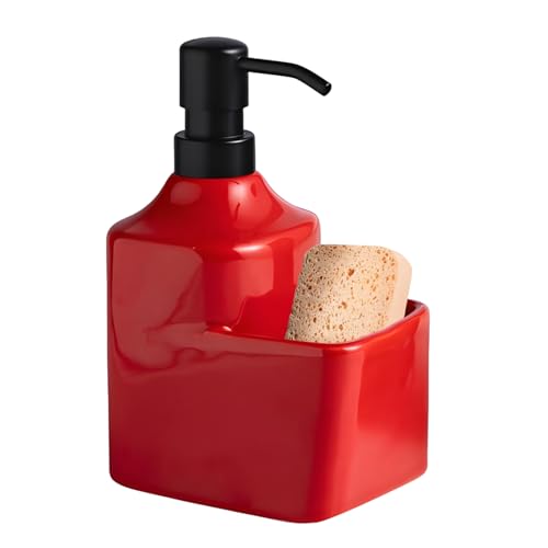 Gets Soap Dispenser Red Ceramic Pump Bottle with Storage Holder | Countertop Liquid Hand Wash Bottle with Organizer Tray for Bathroom, Kitchen, Refillable Modern Dispenser for Vanity Sink - size: Red With Sponge Holder
