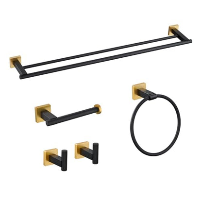Miyili 5-Piece SUS304 Stainless Steel Bathroom Hardware Kit - Incould 30" Double Towel Bar, 5" Toilet Paper Holder, Towel Ring, 2 x Robe Hooks, Bathroom Accessories Set Wall Mount, Matte Black & Gold - color: Black & Gold
