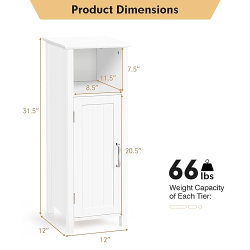 COSTWAY Bathroom Storage Cabinet, Freestanding Narrow Storage Organizer with Open Shelf & Adjustable Shelf, Small Slim Floor Cabinet for Bathroom, Living Room, Entryway, Office, White | with Open Shelf & Adjustable Shelf, Small Slim Floor Cabinet for Bath