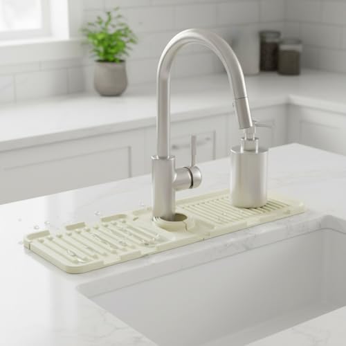 Silicone Faucet Splash Guard Mat, 13 x 3.35 Inches | Kitchen & Bathroom Sinks, Flexible Water Drainage Tray, With Slots - color: Beige