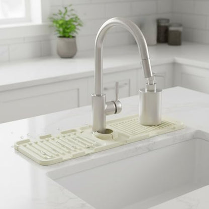 Silicone Faucet Splash Guard Mat, 13 x 3.35 Inches | Kitchen & Bathroom Sinks, Flexible Water Drainage Tray, With Slots - color: Beige