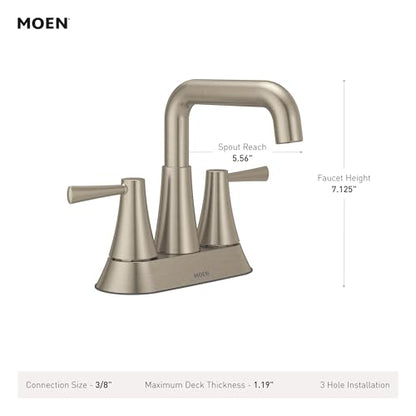 Moen Ronan Spot Resist Brushed Nickel Two-Handle 4 in. Centerset Modern Double Bend Bathroom Faucet with Push-Down Drain, 84025SRN - color: Brushed Nickel, style: 2-Handle Centerset