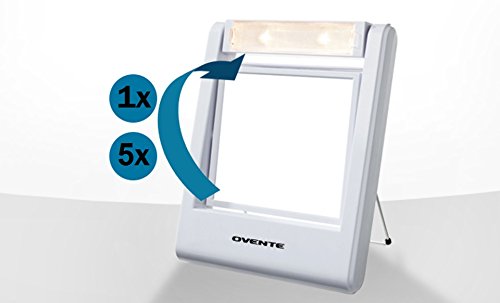 Ovente Square Makeup Mirror 5.5 Inch 1X 5X Magnification Glass LED Lighted 360 Degree Hand Held Double Sided Spinning Battery Operated Personal Compact Beauty Shaving Stand Plastic Travel White MLT22W
