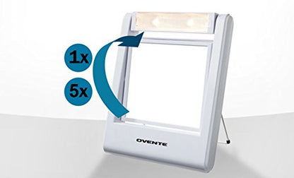Ovente Square Makeup Mirror 5.5 Inch 1X 5X Magnification Glass LED Lighted 360 Degree Hand Held Double Sided Spinning Battery Operated Personal Compact Beauty Shaving Stand Plastic Travel White MLT22W