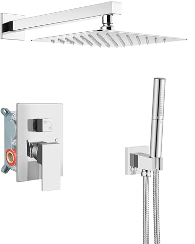 Aolemi Shower System with Rain Head and Handheld,10-Inch,Polish Chrome | High-Pressure Shower Faucet Set with Dual-Function Handheld,Rough-In Valve,1.8 GPM,Wall-Mount Trim Kit - color: Polish Chrome, size: 10 Inch