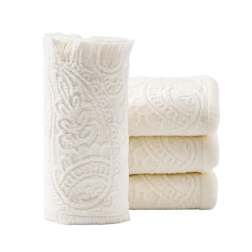 HEAVYWOOD Bathroom Hand Towel Set of 4 Paisley Jacquard Cotton Face Towel 14X30 Absorbent Soft Face Kitchen Towel Decorative Set Boho Farmhouse Bathroom Decor (White, 4Packs) - color: White, 4packs