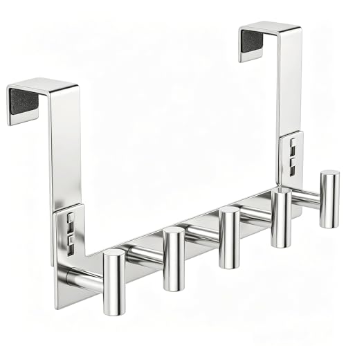 PMMASTO Over The Door Hooks, Fits 1-3/4" Thick Door No Drill Hooks for Closet Bathroom Bedroom Organization, Hanger for Coat Towel Robe (Polished Silver, 5 T-Hooks) - color: Polished Silver, size: 7.5 Inch-5 T-Hooks, Fits 1-3/4" Thick Door