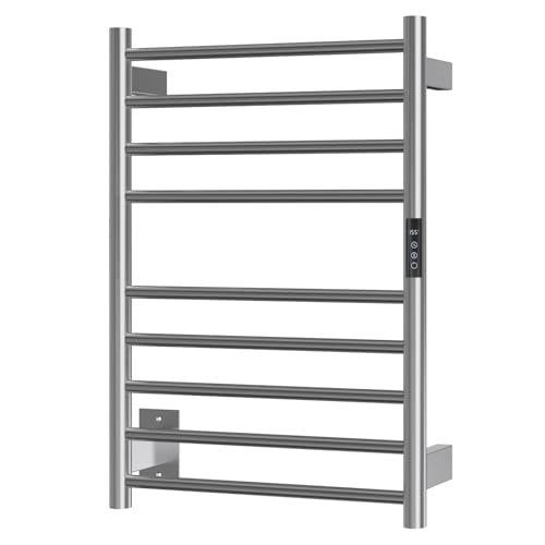 Electric Towel Warmer Rack Wall Mounted, Brushed Stainless Steel | for Bathroom, 9 Bars with Timer and Smart Control, Left or Right Side Plug-in/Hardwired, 304 Stainless Steel Brushed Nickel - color: Brushed Stainless Steel