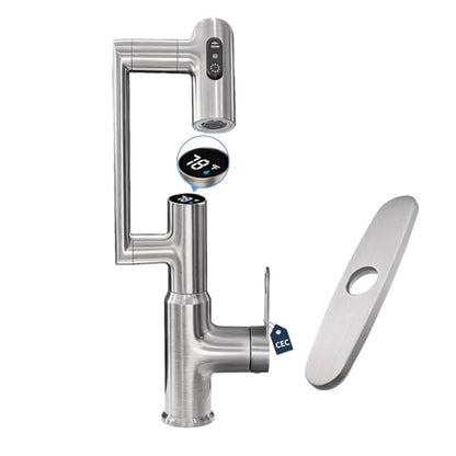 Rotatable Bath Faucet with Temp Display in Fahrenheit, Single Hole Brushed Nickel and 3 Outlet Modes Faucet, Battery-Free - color: Brushed Nickel-F