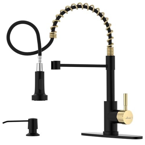 APPASO Black and Gold Spring Kitchen Faucet with Soap Dispenser | NSF/ANSI/CAN 372 & Lead-free, Commercial Single Handle High Arc Faucet for Farmhouse Camper Bar Sink Laundry Room - color: Black & Gold