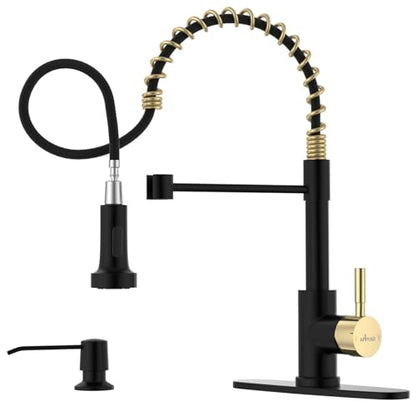 APPASO Black and Gold Spring Kitchen Faucet with Soap Dispenser | NSF/ANSI/CAN 372 & Lead-free, Commercial Single Handle High Arc Faucet for Farmhouse Camper Bar Sink Laundry Room - color: Black & Gold