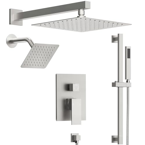 EVERSTEIN 10" High-Pressure Rainfall Shower Faucet with Handheld Spray, Wall Mount Dual Shower Head System with Slide Bar (Brushed Nickel) - color: Nickel, style: Wall Mount-with Slide Bar
