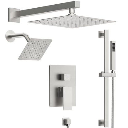 EVERSTEIN 10" High-Pressure Rainfall Shower Faucet with Handheld Spray, Wall Mount Dual Shower Head System with Slide Bar (Brushed Nickel) - color: Nickel, style: Wall Mount-with Slide Bar