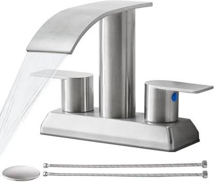 IKEBANA Brushed Nickel Waterfall Bathroom Faucet,2 Handle Stainless Steel 4 inch Bathroom Sink Faucet Modern Waterfall Spout Faucets Lead-Free Faucets with Supply Hoses and Pop-up Drain, IK-ZT2317L - color: Brushed Nickel