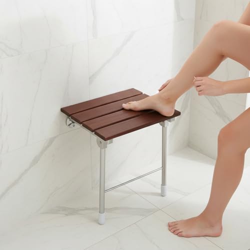 Wall Mounted Folding Shower Chair Heavy Duty Bath Seat Bathroom Safety Stool Space Saving Fold Down Shower Bench Wooden Stainless Steel Support 352lbs Anti Slip Bathroom Seat For Elderly Disabled 14.9