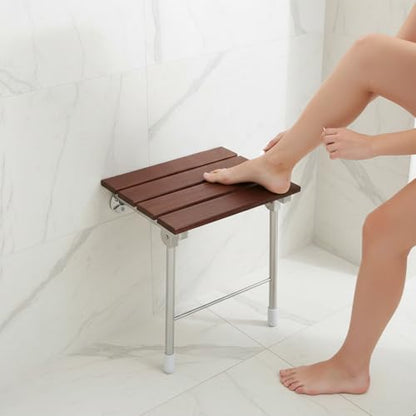 Wall Mounted Folding Shower Chair Heavy Duty Bath Seat Bathroom Safety Stool Space Saving Fold Down Shower Bench Wooden Stainless Steel Support 352lbs Anti Slip Bathroom Seat For Elderly Disabled 14.9
