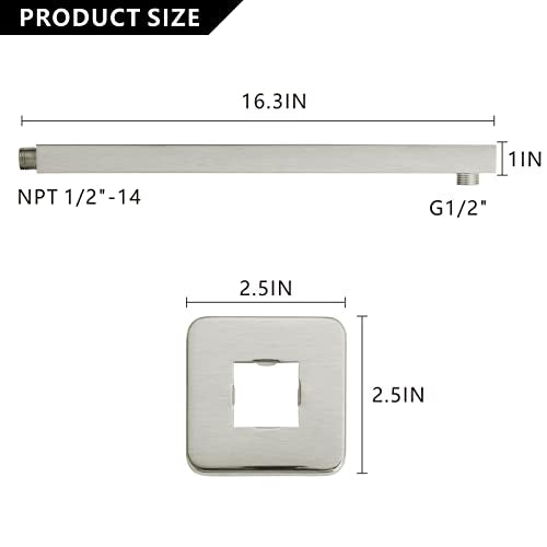 Voolan 16" Square Shower Arm with Flange and Teflon Tape, Extension Shower Head Arm for Bathroom Fixed Shower Head, Solid Stainless Steel, Wall Mounted (Brushed Nickel) - color: Brushed Nickel, style: 16 Inch