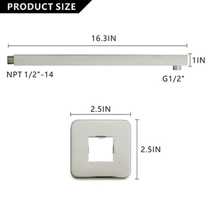 Voolan 16" Square Shower Arm with Flange and Teflon Tape, Extension Shower Head Arm for Bathroom Fixed Shower Head, Solid Stainless Steel, Wall Mounted (Brushed Nickel) - color: Brushed Nickel, style: 16 Inch