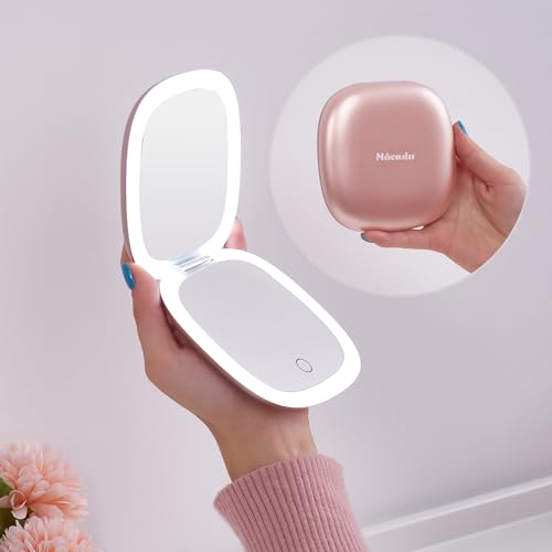 Mocado Compact LED Magnifying Travel Makeup-Mirror - 4 inches 1X/10X Magnification Small Hand Pocket Dimmable Double Sided USB Rechargeable Touch Screen, Portable Tabletop Cosmetic (Rose Gold) | Double Sides Lighted,3 Colors Lighting,0-100% Brightness, Di