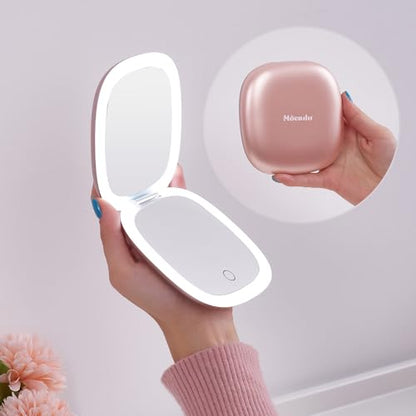 Mocado Compact LED Magnifying Travel Makeup-Mirror - 4 inches 1X/10X Magnification Small Hand Pocket Dimmable Double Sided USB Rechargeable Touch Screen, Portable Tabletop Cosmetic (Rose Gold) | Double Sides Lighted,3 Colors Lighting,0-100% Brightness, Di