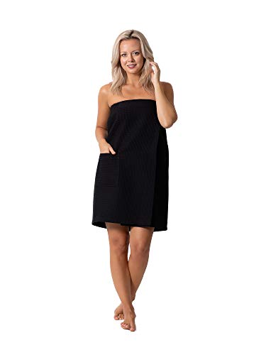 Robe Direct Quick Dry, Lightweight Waffle Spa/Bath Wrap with Adjustable Closure & Elastic Top - color: Black, size: Small-Medium