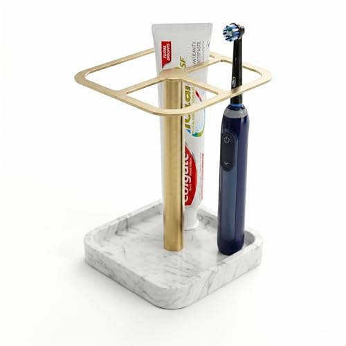 Electric Toothbrush Holder for Bathroom - Resin Marble Base & 304 Stainless Steel Organizer - 3-Slot Toothpaste and Vanity Stand - Space-Saving Bathroom Caddy for Countertop (White Gold) | White Gold Collection: Stainless Steel Electric Toothbrush Holder
