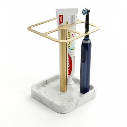 Electric Toothbrush Holder for Bathroom - Resin Marble Base & 304 Stainless Steel Organizer - 3-Slot Toothpaste and Vanity Stand - Space-Saving Bathroom Caddy for Countertop (White Gold) | White Gold Collection: Stainless Steel Electric Toothbrush Holder