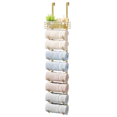 HapiRm Towel Racks for Bathroom Storage - 9 Tier Over The Door & Wall Mount Rolled Towel Storage Organizer Holder with Metal Shelf Basket for Small Bathroom, Camper, Rv - Gold, Patented - color: Gold, size: 9-Tier
