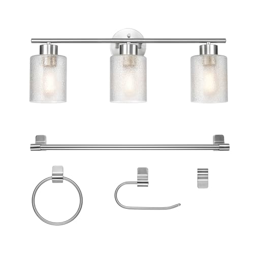 Globe Electric 5-Piece All-in-One Brushed Nickel Bathroom Accessory Set with 23" 3-Light Vanity Light and Clear Frosted Glass Shades - color: Brushed Nickel