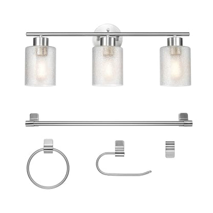 Globe Electric 5-Piece All-in-One Brushed Nickel Bathroom Accessory Set with 23" 3-Light Vanity Light and Clear Frosted Glass Shades - color: Brushed Nickel