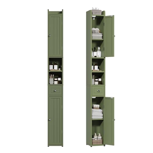 ChooChoo Narrow Bathroom Storage Cabinet with Adjustable Shelves and Drawer | Tall Slim Storage Cabinet, Freestanding Cupboard for Small Spaces, Green - color: Green, size: 7.87"D x 7.87"W x 70.87"H