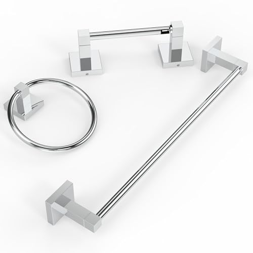 RUACQ 3 Pieces Bathroom Hardware Set, SUS 304 Stainless Steel Toilet Paper Holder, Towel Ring, 18-inch Towel Bar Set, Wall Mounted, Heavy Duty(Chrome) - color: Chrome, size: 3pcs