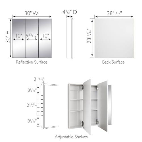 Design House Cyprus 30-in. Wide Medicine Cabinet, 3 Frameless Mirrored Doors, 2 Adjustable Shelves, Pre-Assembled, Surface or Recess Mounted, White, 30.0 in. W x 4.4 in. D x 30.0 in. H, 59749 | Adjustable Shelves, Wall Mount, Contemporary/Modern, Wood, Ba