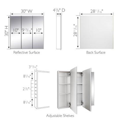 Design House Cyprus 30-in. Wide Medicine Cabinet, 3 Frameless Mirrored Doors, 2 Adjustable Shelves, Pre-Assembled, Surface or Recess Mounted, White, 30.0 in. W x 4.4 in. D x 30.0 in. H, 59749 | Adjustable Shelves, Wall Mount, Contemporary/Modern, Wood, Ba