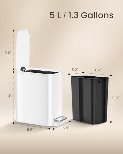 Cesun Small Bathroom Trash Can with Lid Soft Close & Pedal, 1.3 Gal, White | Removable Inner Bucket, Slim Stainless Steel Garbage Can for Bedroom/Office, Included 5 Trash Bags, Hidden Bag, Built to Last - color: White