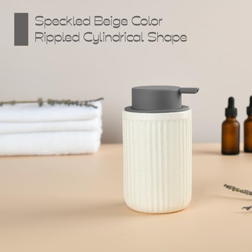 Speckled Beige Rippled Ceramic Foaming Soap Dispenser, Modern | Gray Silicone Pump, Modern Farmhouse Decor, Bathroom Counter Accent, Kitchen Sink Styling, Soft Neutral Home Aesthetic - color: Beige,brown,grey