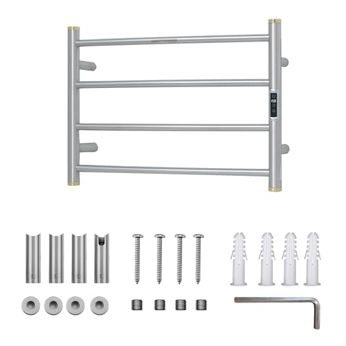 Electric Towel Warmer Rack,Heating Towel Warmer,Timer & Temperature Control,Wall-Mounted Plug-in for Bathroom,Brushed,Stainless Steel,4-Bar(16.54x23.62x5.51in) - color: Round-matte Brushed With Gold Top, size: 4 Bars