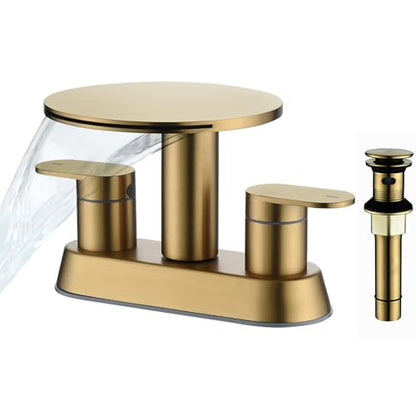 Brushed Gold Bathroom Sink Faucet 3 Hole | Waterfall Bathroom Faucet 4 Inch Centerset with Pop-Up Drain，2 Handle Stainless Steel Faucets for Bathroom Sink Vanity RV