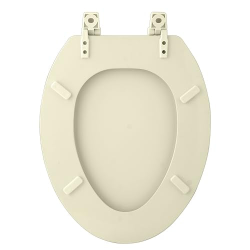 PowerSellerUSA Wood Elongated Toilet Seat, Adjustable Hinges Toilet Seats with Non Slip Grip Tight Bumpers, Oval Shape Heavy Duty Wooden Bathroom Toilet Seat Close Lid Set, Bone - color: Bone - Wood, size: 19" Elongated