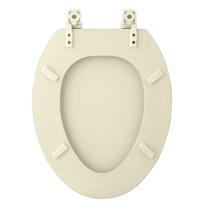 PowerSellerUSA Wood Elongated Toilet Seat, Adjustable Hinges Toilet Seats with Non Slip Grip Tight Bumpers, Oval Shape Heavy Duty Wooden Bathroom Toilet Seat Close Lid Set, Bone - color: Bone - Wood, size: 19" Elongated